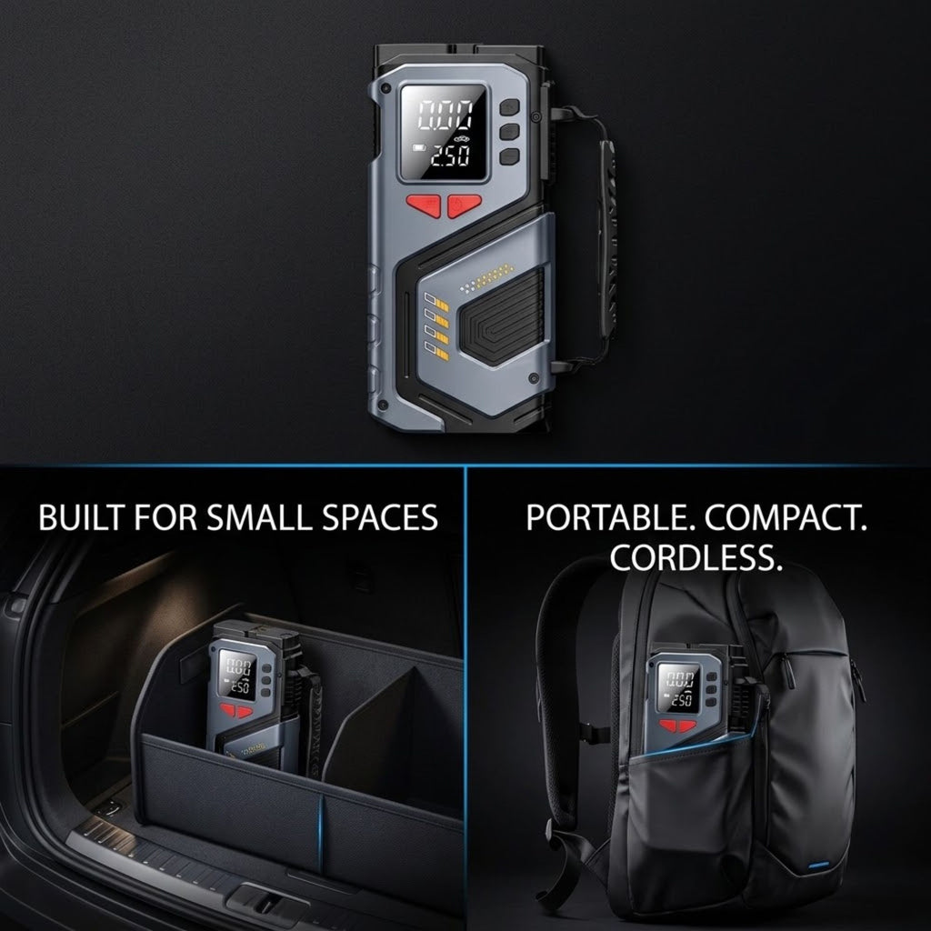 A compact multi-tool style device with a digital display and red buttons, shown in three views: a top isolated product shot, installed inside a car trunk compartment, and attached to a black backpack. Text reads 'BUILT FOR SMALL SPACES' and 'PORTABLE.