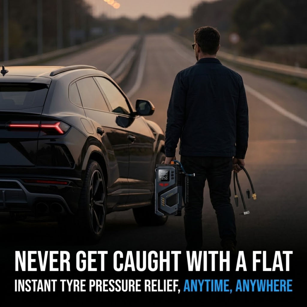 A man stands on a highway beside a black SUV, holding a portable tyre pressure relief device. Large text at the bottom reads: 'NEVER GET CAUGHT WITH A FLAT INSTANT TYRE PRESSURE RELIEF, ANYTIME, ANYWHERE'.