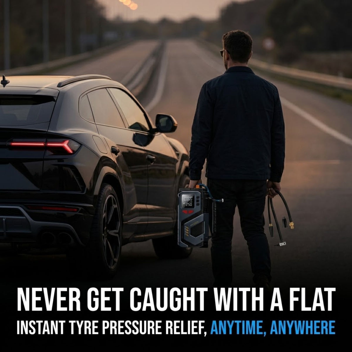 A man stands on a highway beside a black SUV, holding a portable tyre pressure relief device. Large text at the bottom reads: 'NEVER GET CAUGHT WITH A FLAT INSTANT TYRE PRESSURE RELIEF, ANYTIME, ANYWHERE'.