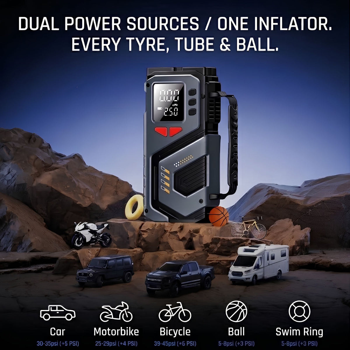 A dual power source tire inflator shown prominently in the center, with marketing text above and various vehicles and objects below on a rocky desert background. The product is black and gray with a small digital display and red buttons.