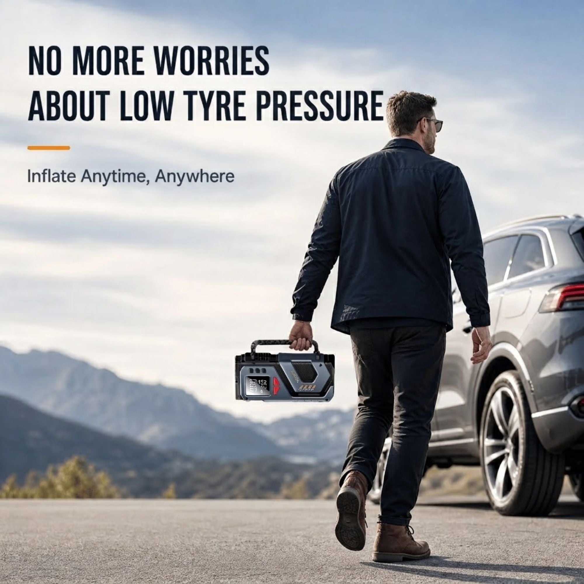 Man carrying the Cordless Tyre Inflator to his car, illustrating on-the-go tyre pressure top-ups anytime, anywhere.