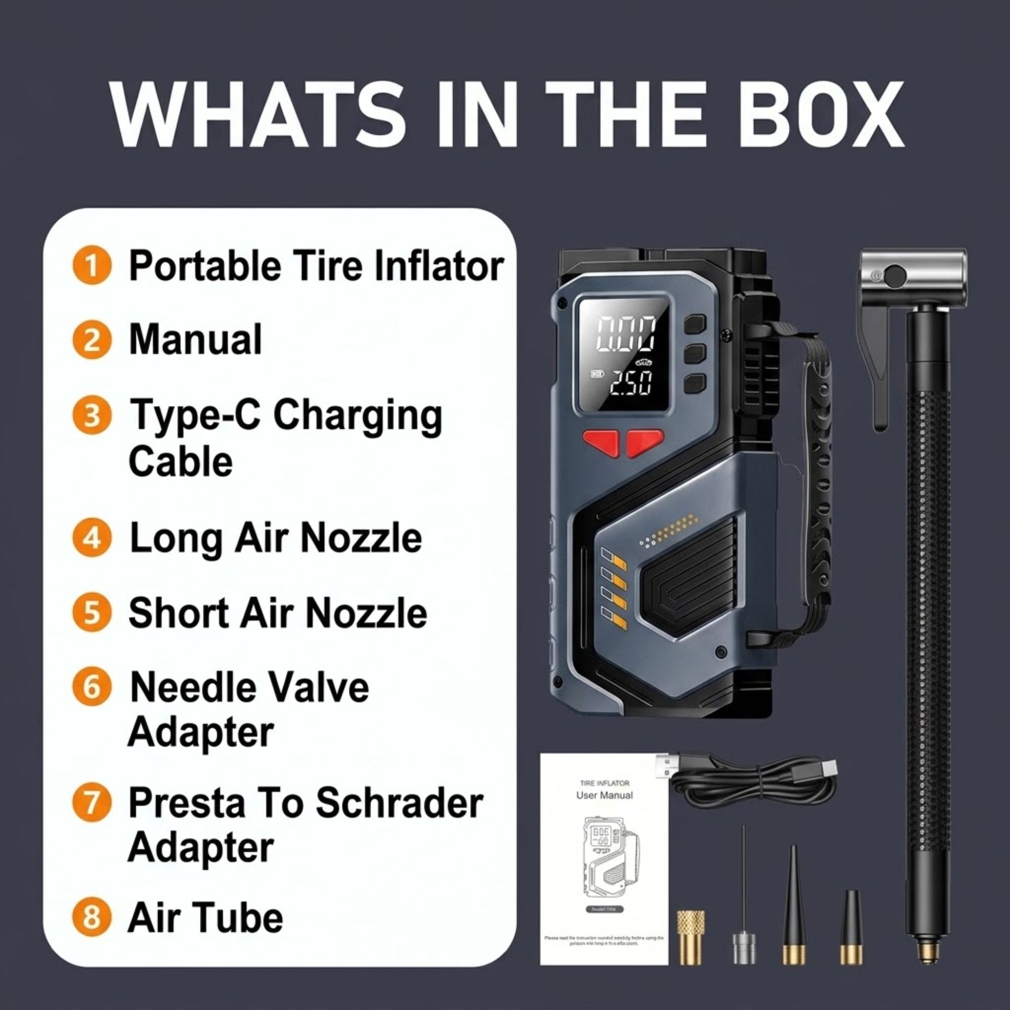 Cordless Tyre Inflator unboxed with manual, Type-C charging cable, long and short air nozzles, needle valve adapter, Presta-to-Schrader adapter and air tube.