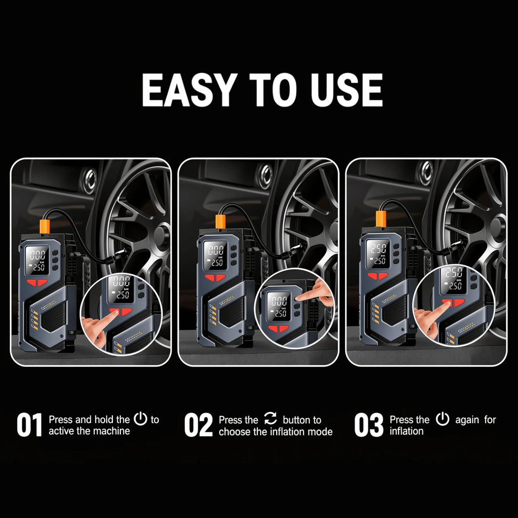 Three-step usage guide for the Cordless Tyre Inflator showing how to power on, select inflation mode and start inflating.