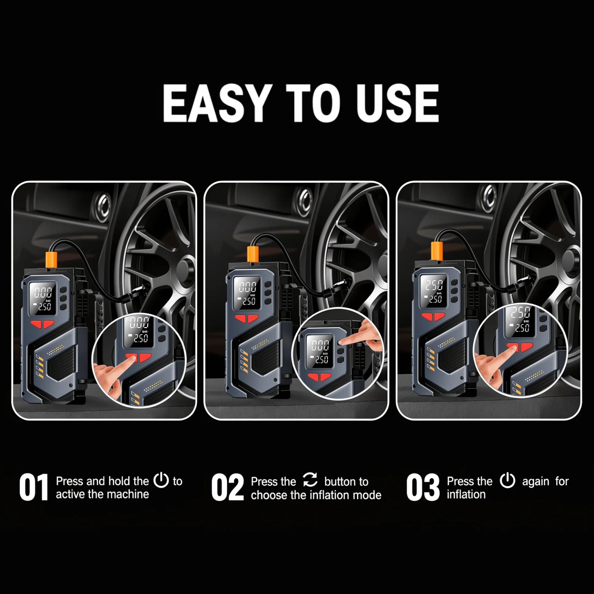 Three-step usage guide for the Cordless Tyre Inflator showing how to power on, select inflation mode and start inflating.