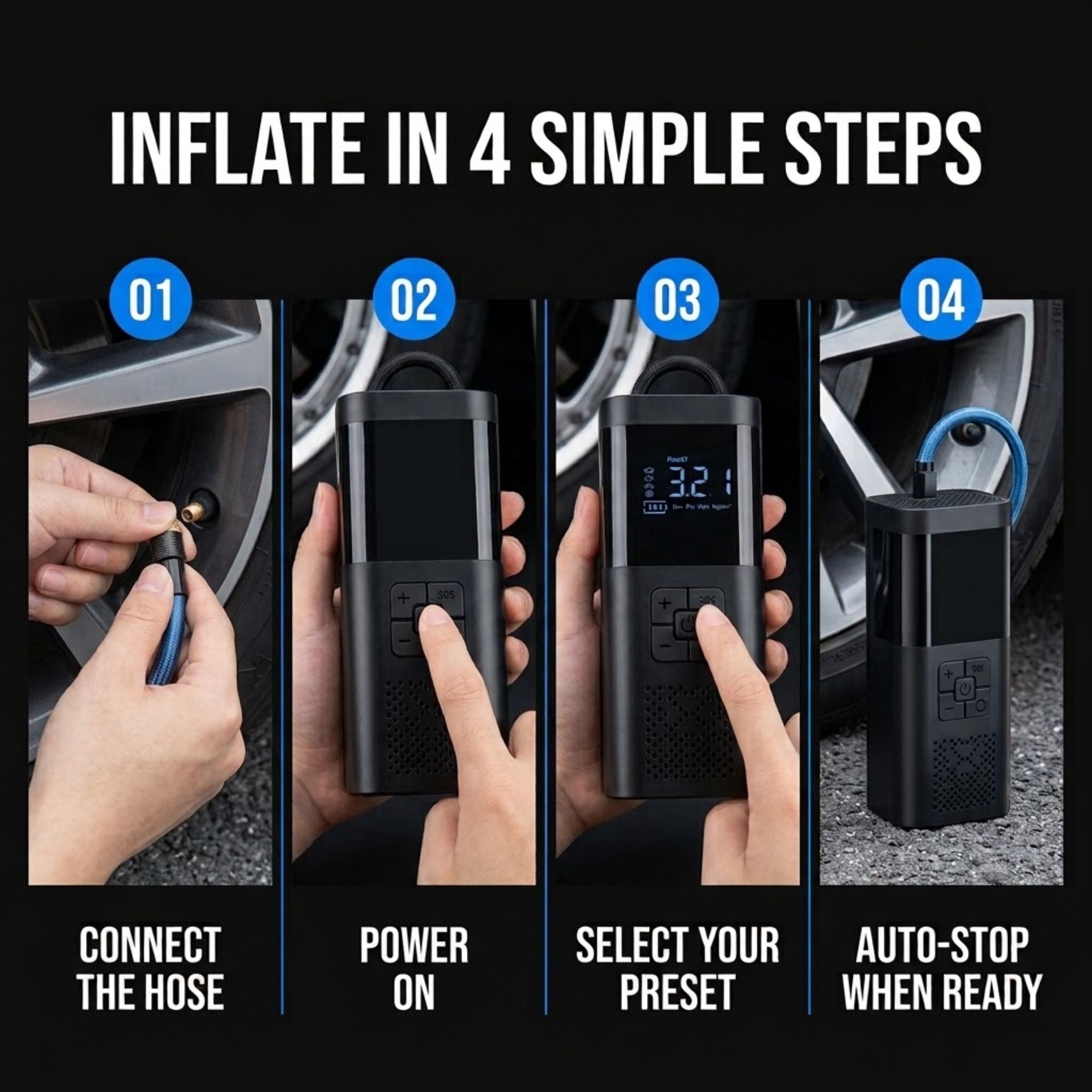 An infographic showing how to inflate a tire in 4 simple steps, featuring a black digital tire pump held by hands. The steps are numbered 01 to 04 with blue circles, and include connecting the hose, powering on, selecting a preset, and auto-stop when ready, all set against a black background with white text.