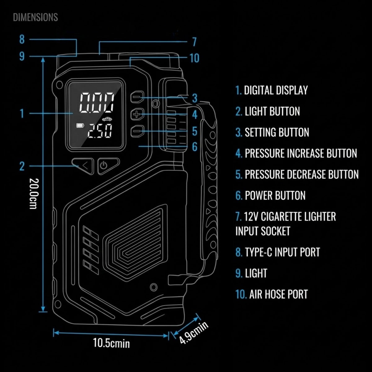 Technical dimension diagram of a rugged rectangular device on a black background, with callout lines and labels identifying features such as the digital display, light button, setting button, pressure increase/decrease buttons, power button, cigarette lighter input socket, type-C input port, light, and air hose port.