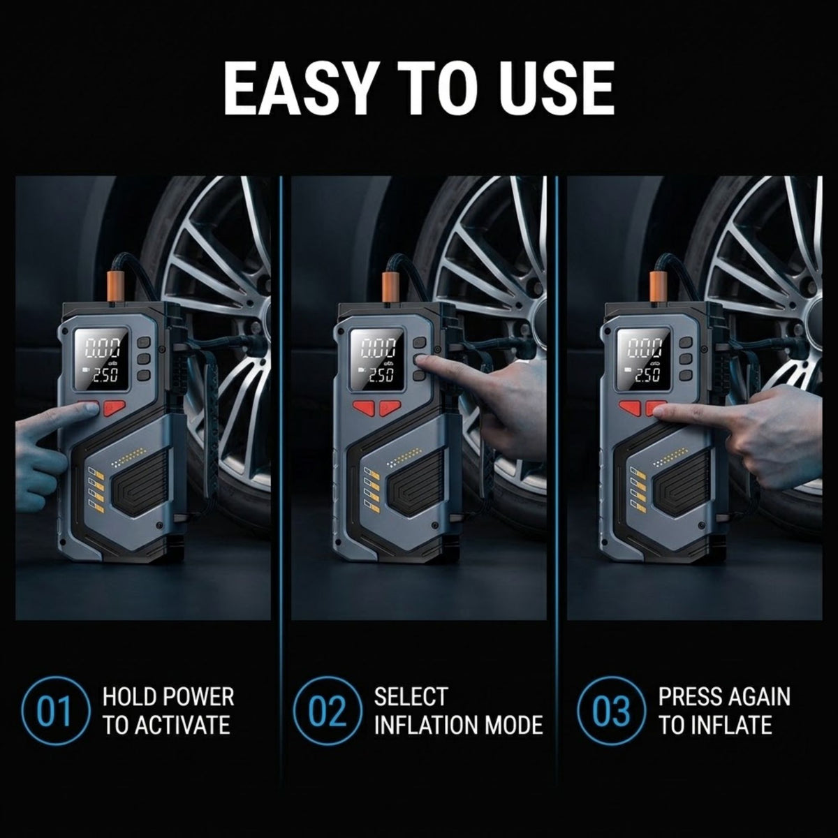 Three-panel instructional graphic showing a handheld tire pressure gauge being used to check inflation on a car wheel. Large text at the top reads 'EASY TO USE,' with step-by-step labels '01 HOLD POWER TO ACTIVATE,' '02 SELECT INFLATION MODE,' and '03 PRESS AGAIN TO INFLATE.