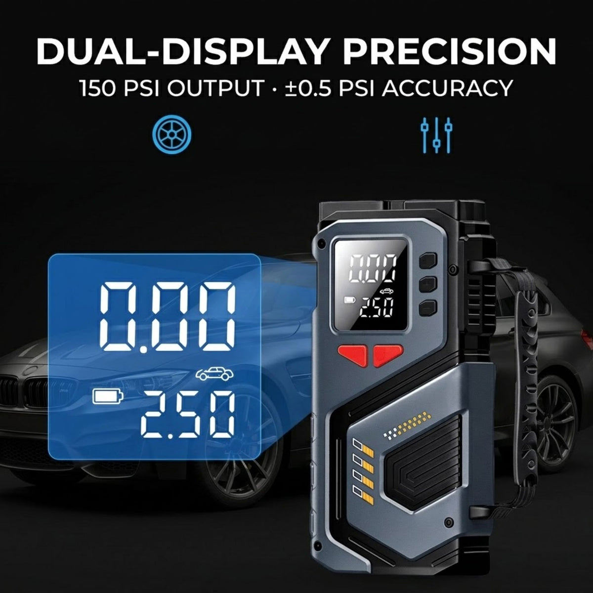 A dual-display tire pressure monitor and gauge shown on a dark background with a blurred car behind it. Large text at the top reads 'DUAL-DISPLAY PRECISION' and '150 PSI OUTPUT × ±°.