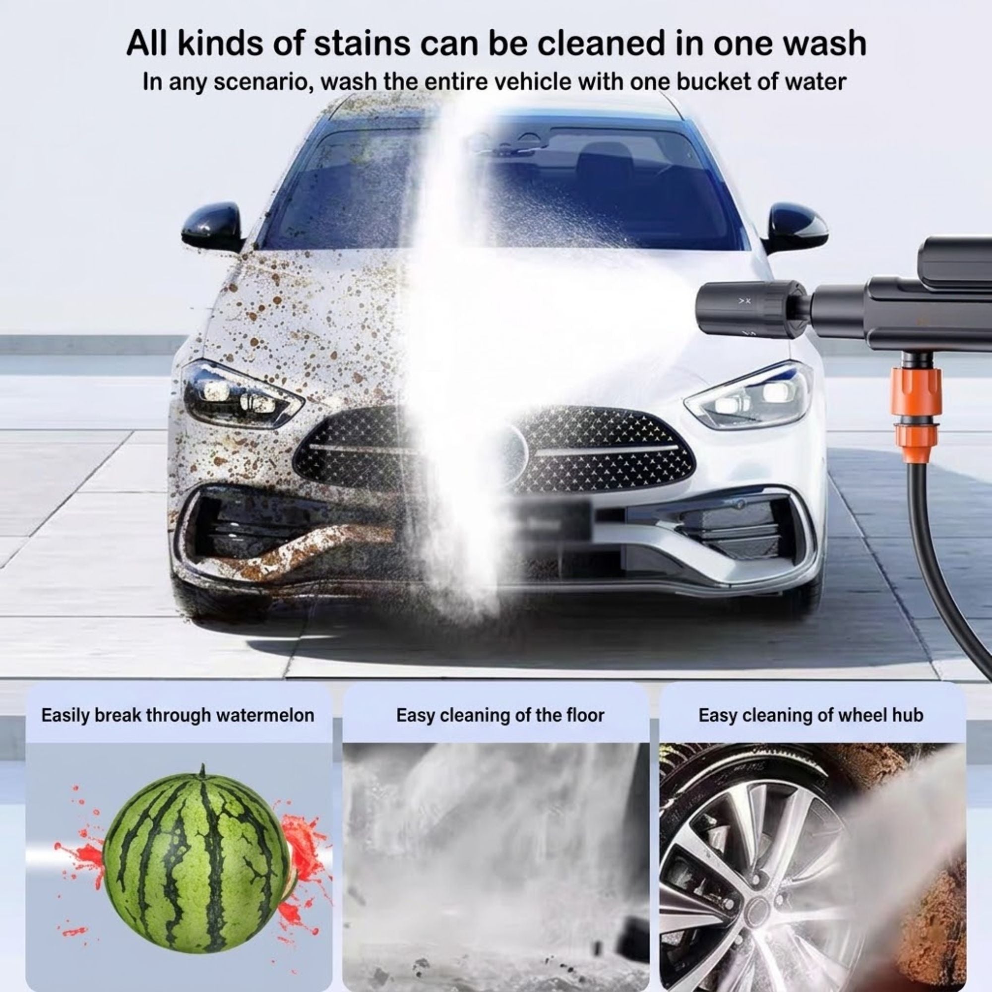 Cordless Car Pressure Washer blasting caked-on mud off a car bonnet, with inset photos showing it slicing a watermelon, cleaning a floor and cleaning a wheel hub.