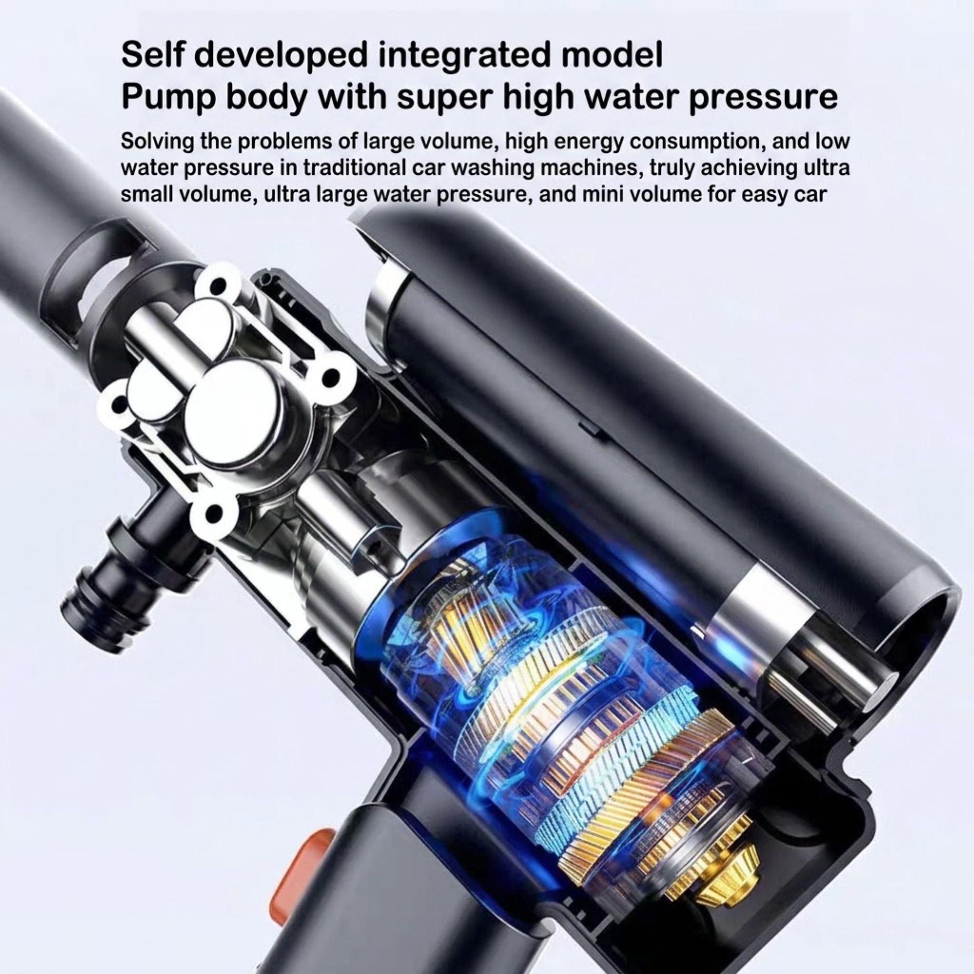 Cutaway view of the Cordless Car Pressure Washer's self-developed high-pressure pump body and internal gear mechanism.