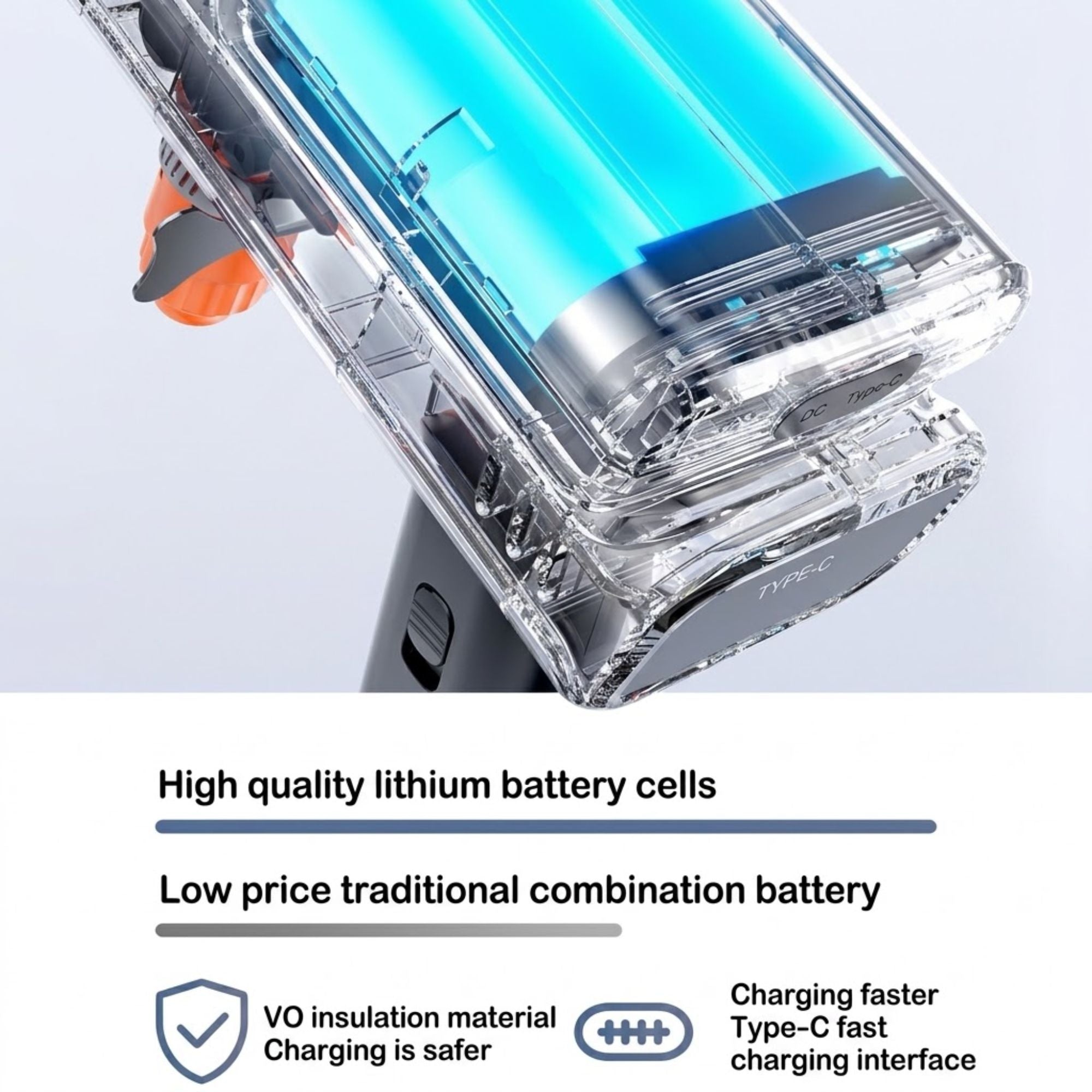 Cutaway view of the Cordless Car Pressure Washer's high-quality lithium battery cell with Type-C fast charging port.