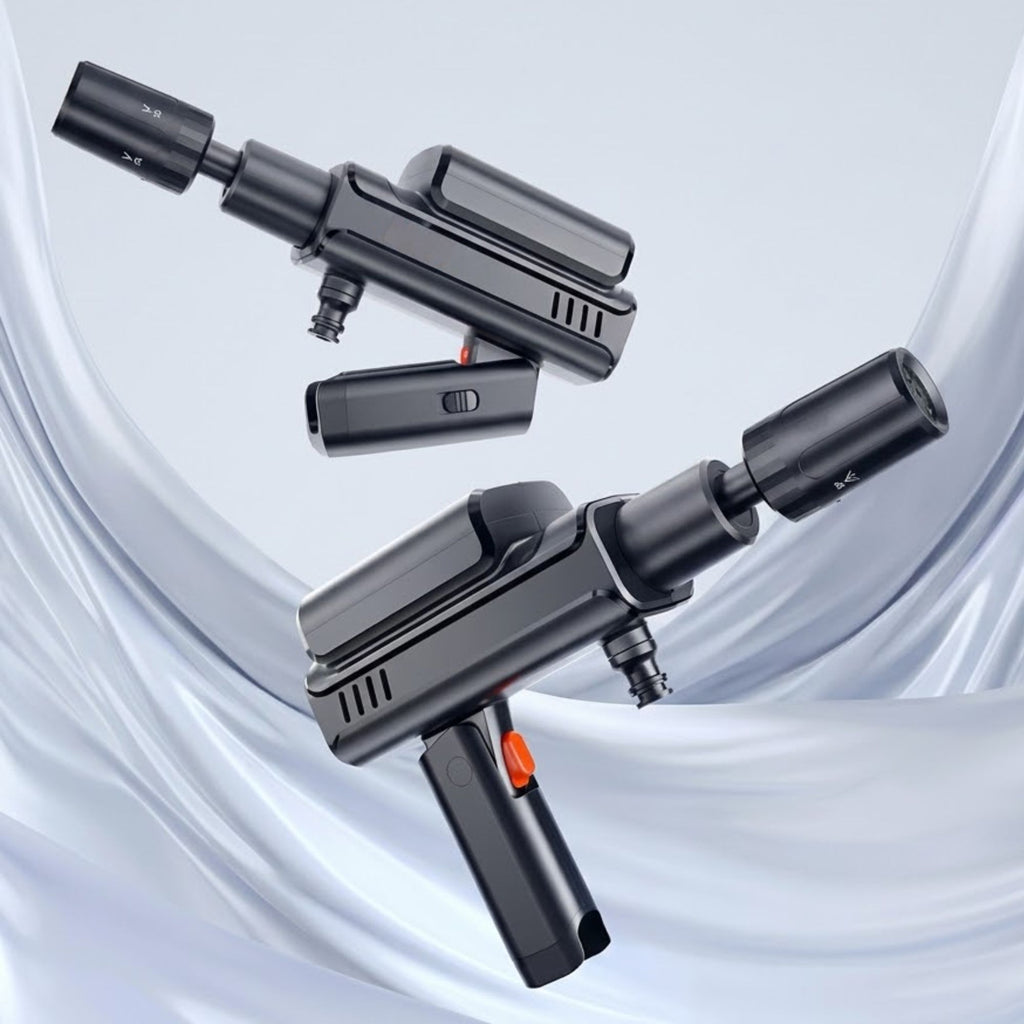 Exploded view of the Cordless Car Pressure Washer showing the detachable battery pack, pump body and nozzle components.