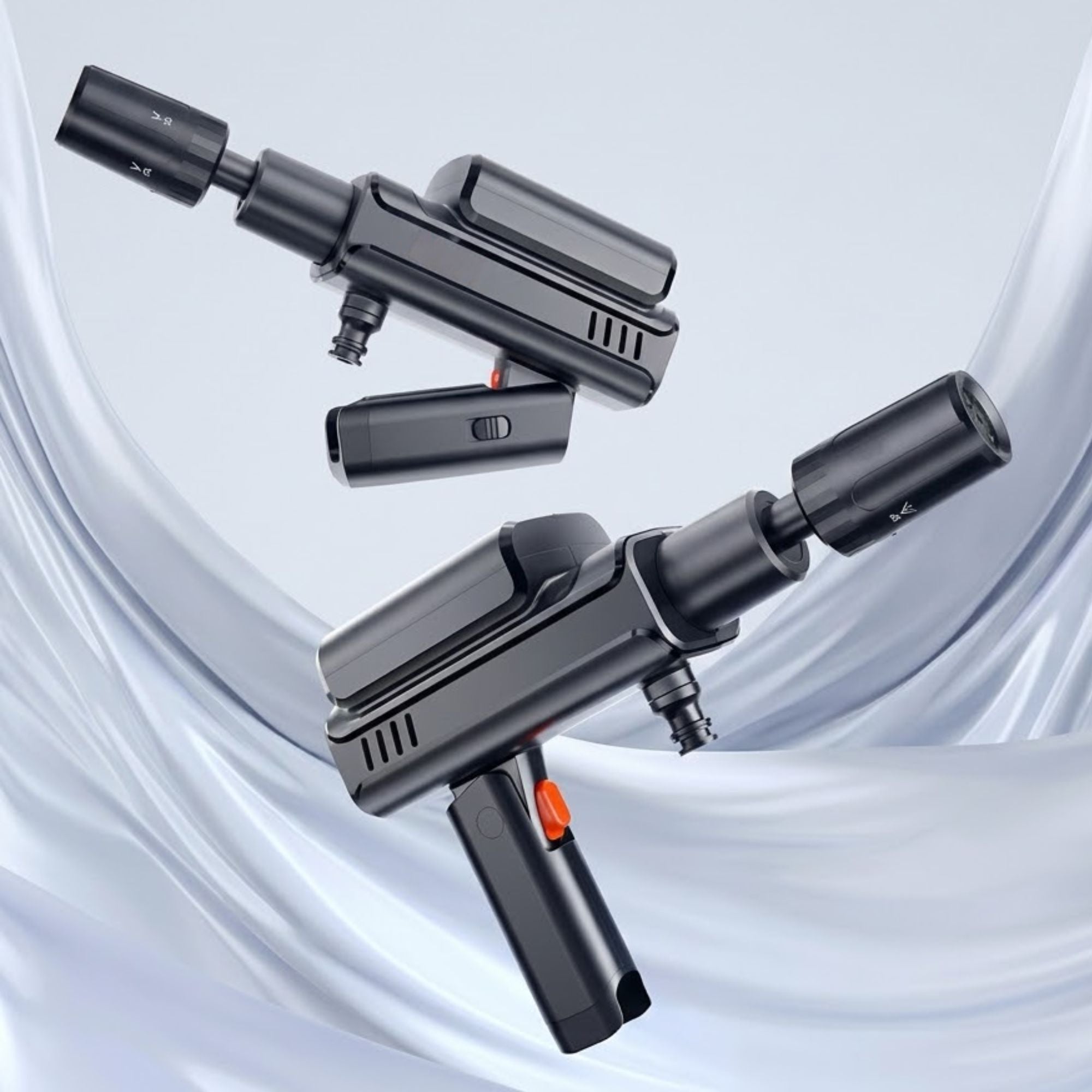 Exploded view of the Cordless Car Pressure Washer showing the detachable battery pack, pump body and nozzle components.