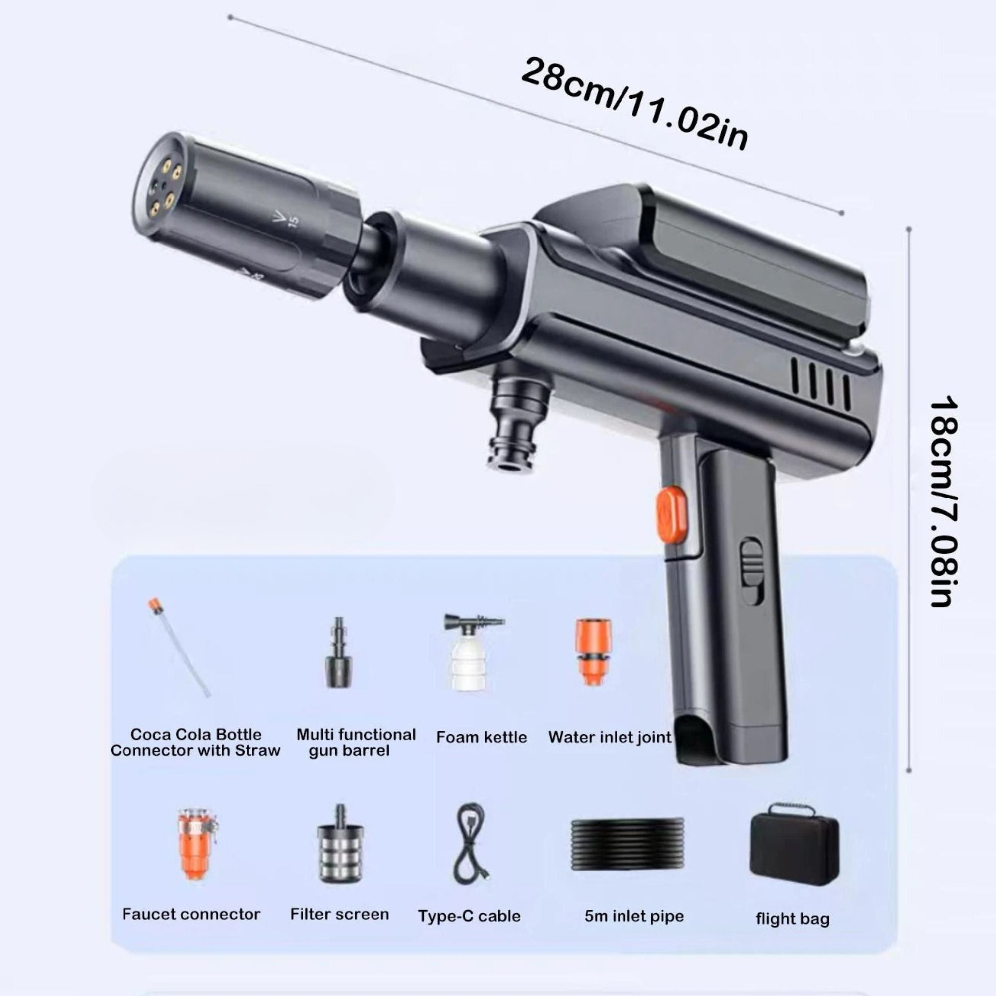 Cordless Car Pressure Washer shown with its dimensions (28cm long, 18cm high) alongside included accessories: bottle connector, multi-functional gun barrel, foam kettle, water inlet joint, faucet connector, filter screen, Type-C cable, inlet pipe and carry bag.