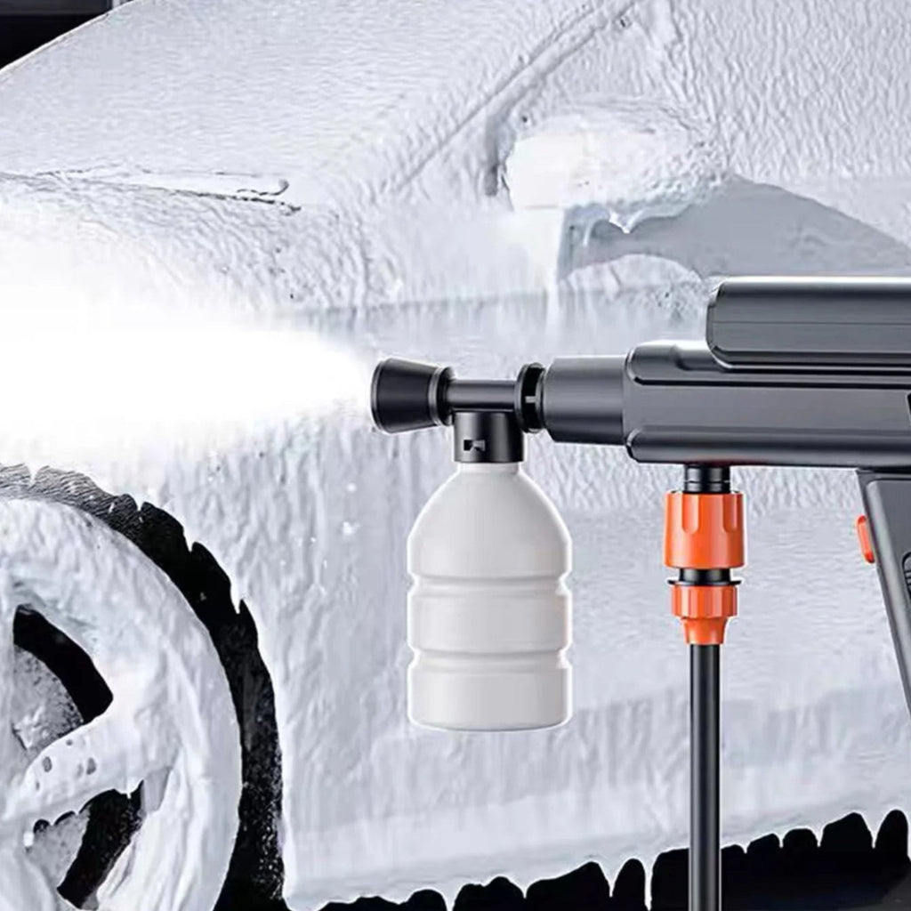 Foam cannon attachment on the Cordless Car Pressure Washer coating a car in thick cleaning foam.
