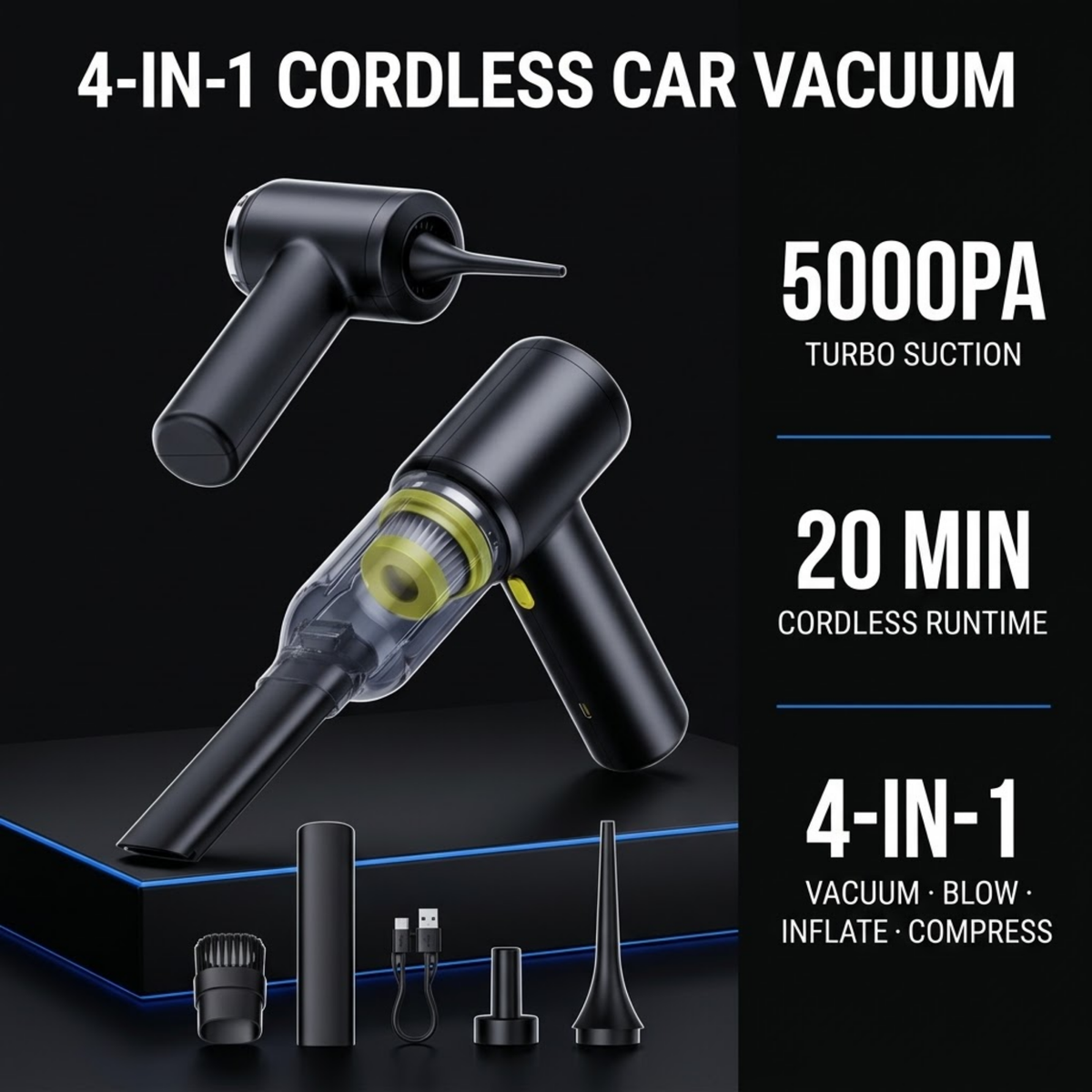 Cordless 4-in-1 Vacuum and blower with nozzle kit on a black plinth, labelled 5000Pa suction, 20 minute runtime, vacuum, blow, inflate and compress