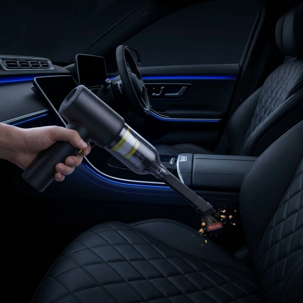 Hand using the Cordless 4-in-1 Vacuum with crevice nozzle to pick up debris from a black quilted leather car seat