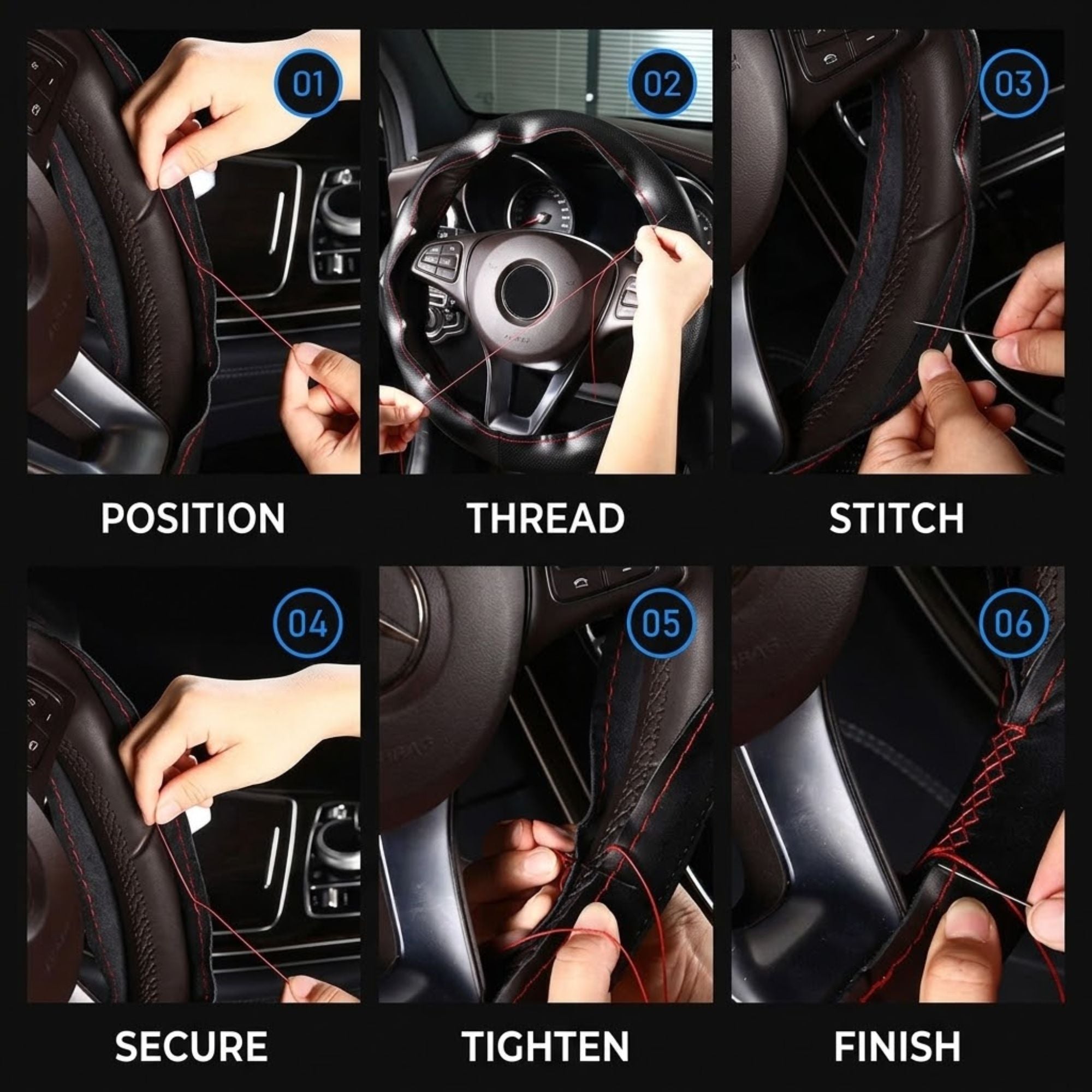 Six-panel instructional diagram showing how to sew a black leather steering wheel cover with red stitching. The panels are labeled Position, Thread, Stitch, Secure, Tighten, and Finish, with hands shown stitching the cover onto a car steering wheel.
