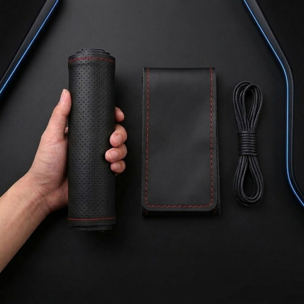 A hand holds a black perforated cylindrical sleeve with red stitching next to a matching black leather case and a coiled black cable on a dark background.