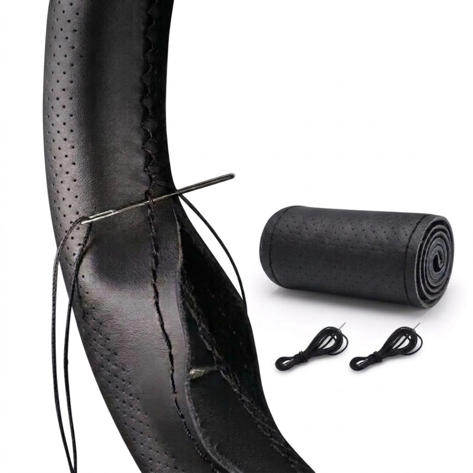 Black perforated leather steering wheel cover shown partially installed on a wheel, with a rolled section, a needle, and thread on a white background.