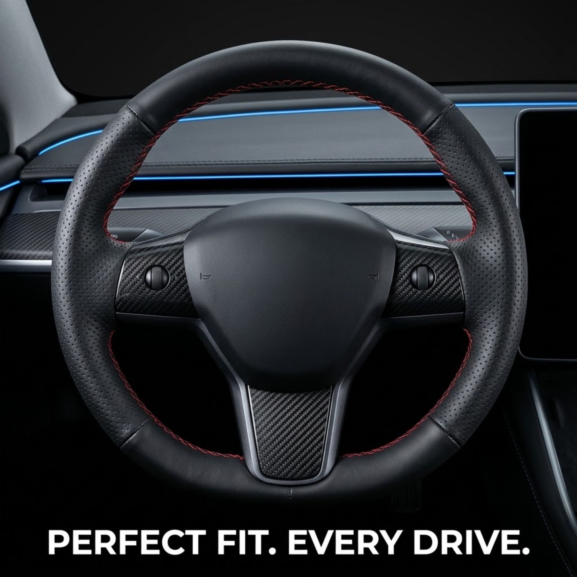 A black steering wheel cover with red contrast stitching and carbon fiber-style center accents, shown installed on a car steering wheel in a modern vehicle interior. White text at the bottom reads 'PERFECT FIT.