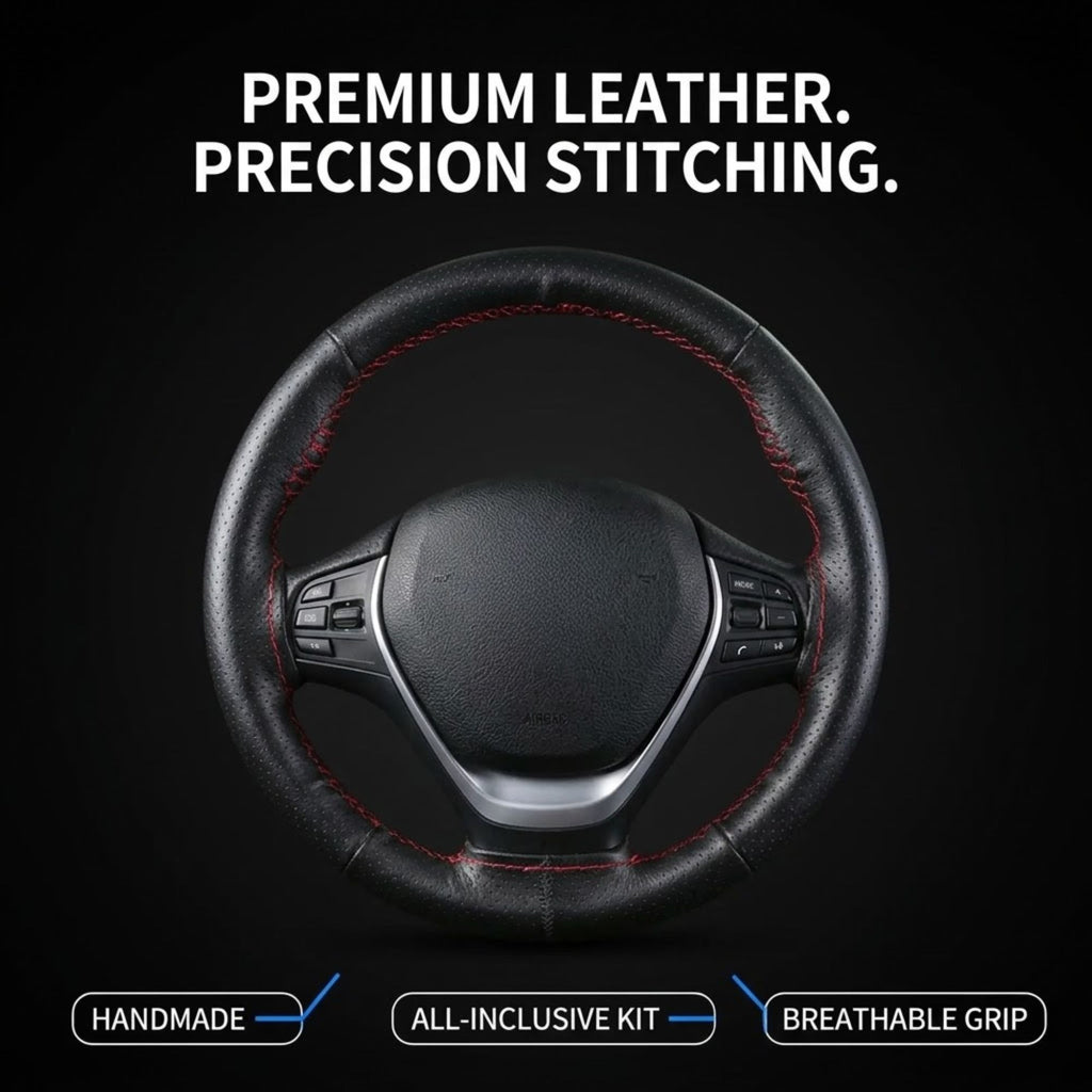 A black leather steering wheel wrap with red contrast stitching, shown centered on a black background with promotional text reading 'PREMIUM LEATHER. PRECISION STITCHING.