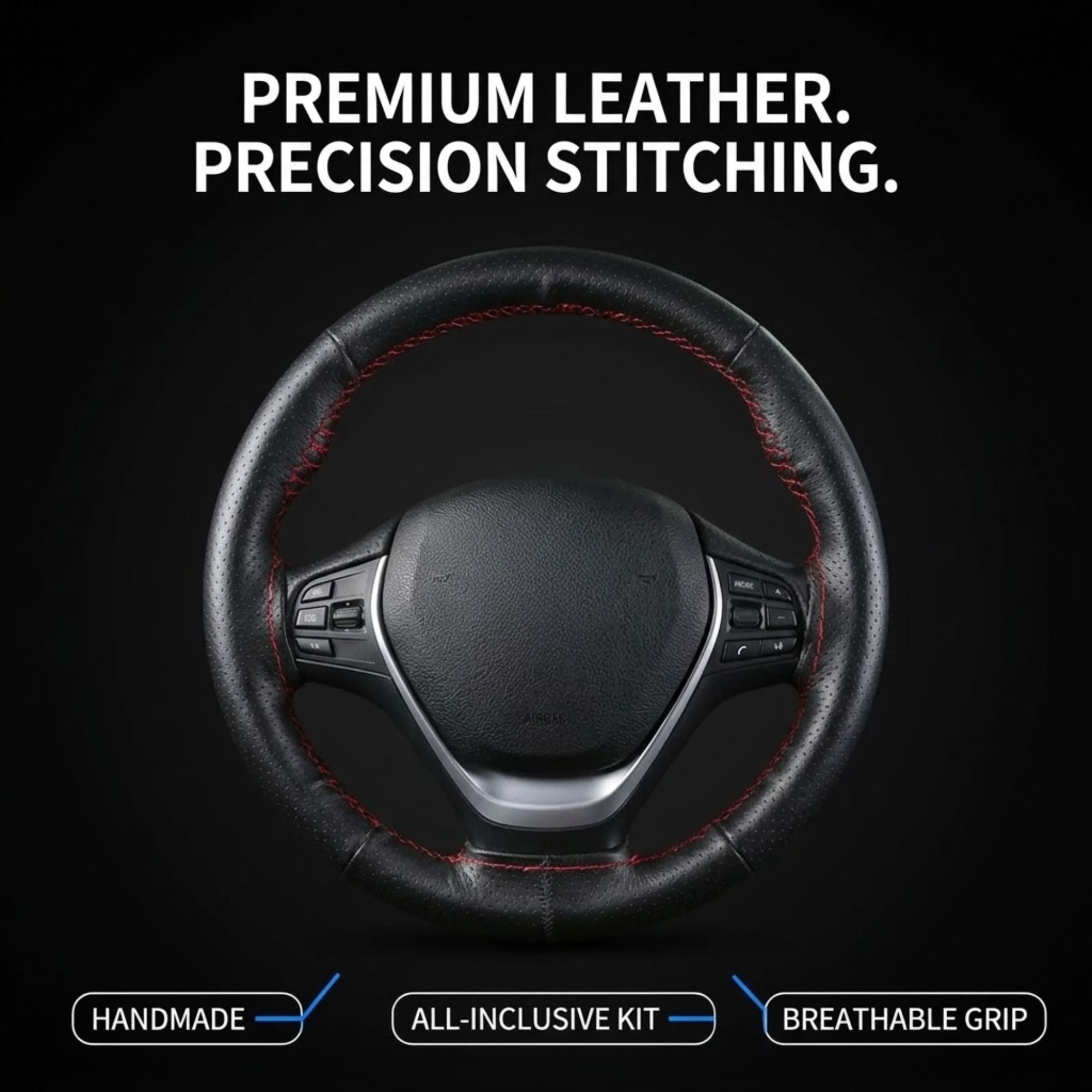 A black leather steering wheel wrap with red contrast stitching, shown centered on a black background with promotional text reading 'PREMIUM LEATHER. PRECISION STITCHING.