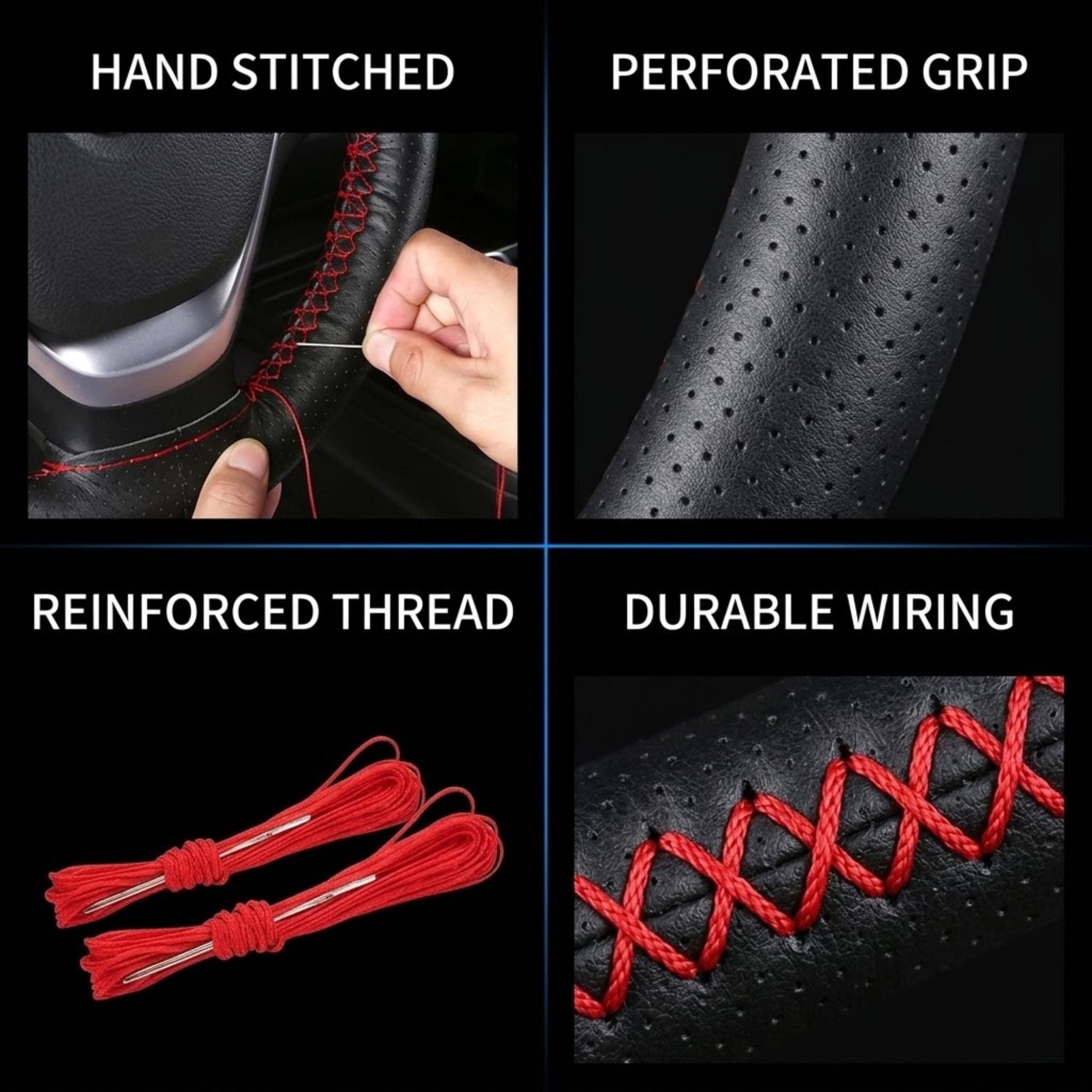 A 2x2 feature collage for a black steering wheel cover with red stitching details. The top-left panel shows hand-stitched detailing on a steering wheel, the top-right shows a perforated grip texture, the bottom-left shows red reinforced thread, and the bottom-right shows close-up red stitching on a black surface.