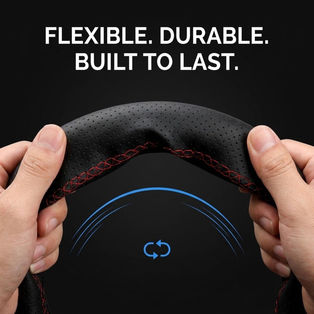 A pair of hands holding a black perforated steering wheel cover with red stitching against a dark background, with the text 'FLEXIBLE. DURABLE.