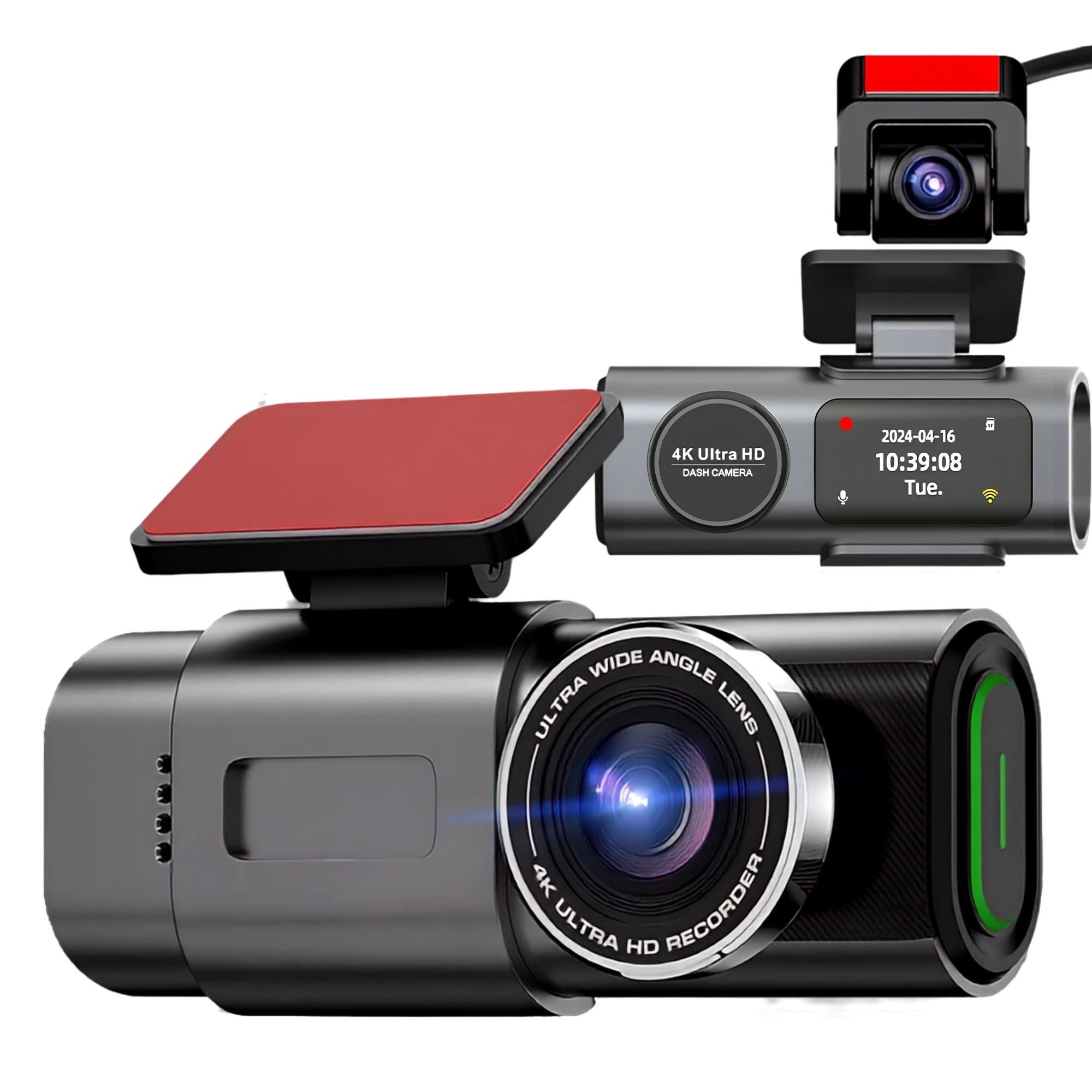 Sony Sensor Dash Cam shown front-on with front and rear camera units, a 4K Ultra HD display screen and adhesive windscreen mount, set against a clean white background.