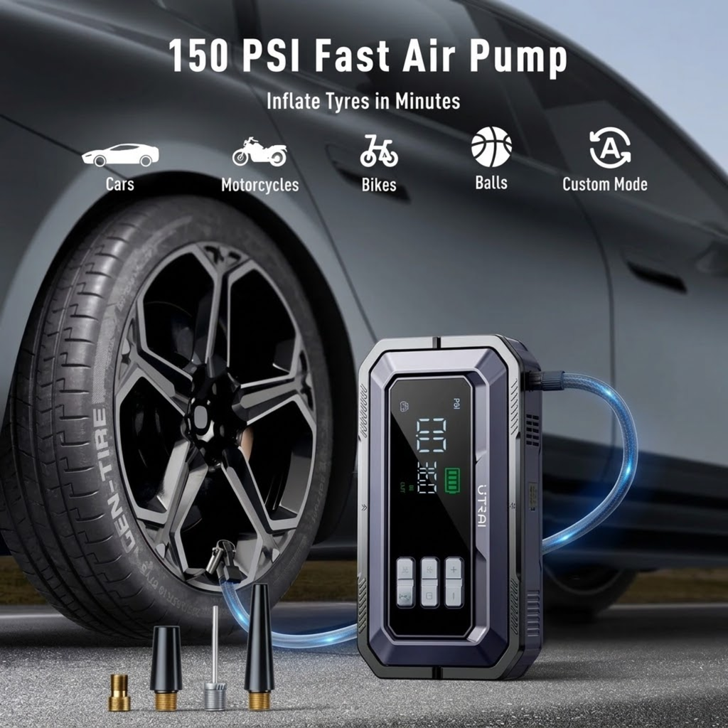 Diagnostic Jump Starter & Compressor inflating a car tyre with air hose and valve adaptors, 150 PSI pump for cars, motorcycles, bikes and balls