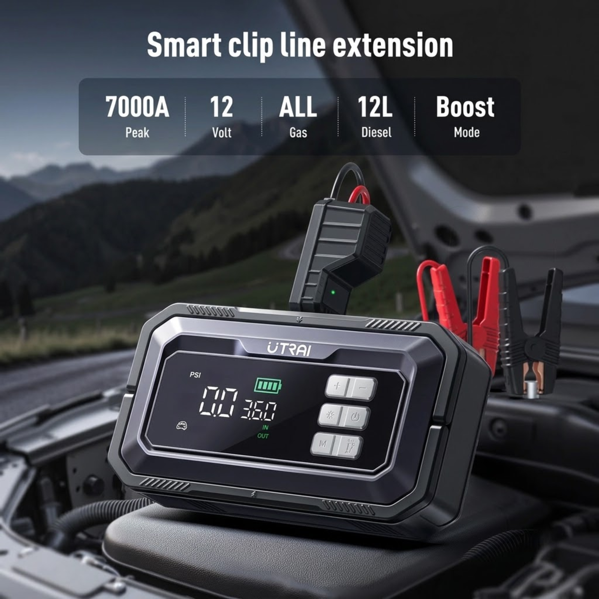 Diagnostic Jump Starter & Compressor in an open engine bay with smart clamp jump leads attached, rated 7000A peak for 12V petrol and diesel engines