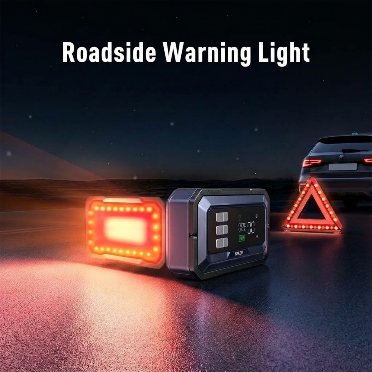 Diagnostic Jump Starter & Compressor flashing red roadside warning light on a dark road beside a hazard triangle and parked car