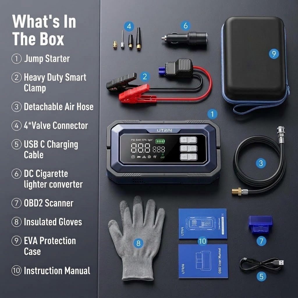 Diagnostic Jump Starter & Compressor box contents: jump starter, smart clamps, air hose, valve adaptors, USB-C cable, car charger, OBD2 scanner, gloves, case and manuals