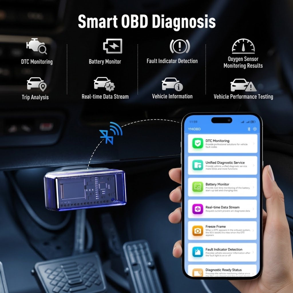 Diagnostic Jump Starter & Compressor OBD2 Bluetooth scanner plugged in under a car dashboard, linked to a smartphone diagnostic app