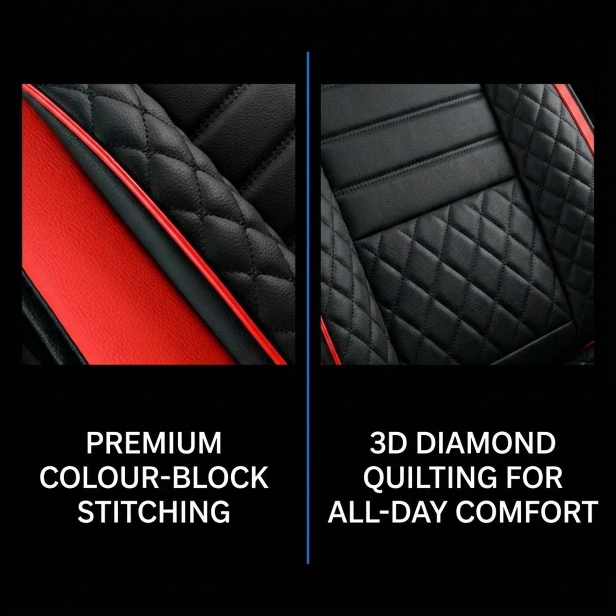 A split-screen product detail graphic showing black quilted car seat upholstery with red contrast panels and stitching. The left panel highlights premium color-block stitching, and the right panel highlights 3D diamond quilting for all-day comfort, both on a black background with white text.
