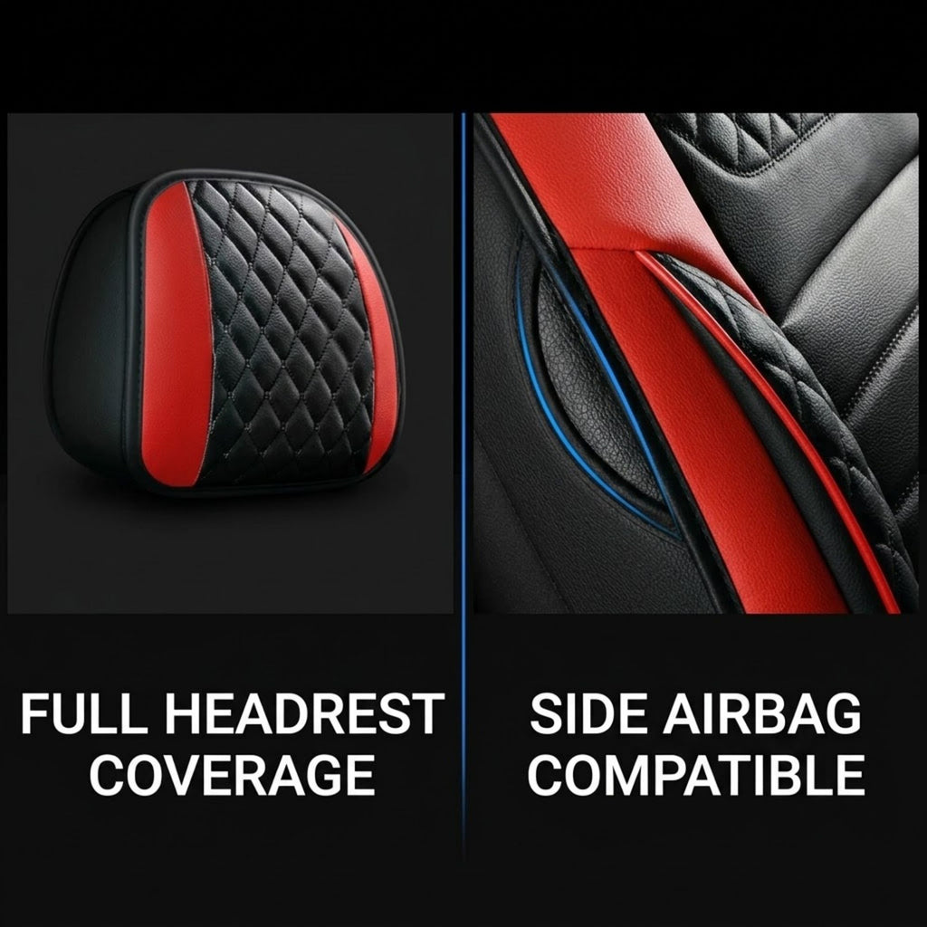 Black and red quilted headrest cover shown in two close-up views on a black background, with text reading 'FULL HEADREST COVERAGE' and 'SIDE AIRBAG COMPATIBLE'.