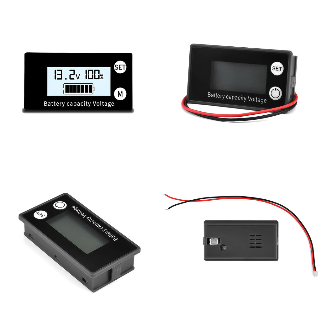 Four views of a black digital battery capacity voltage meter and its wiring components on a white background, including front displays with LCD screens and the back panel with red and black wires.