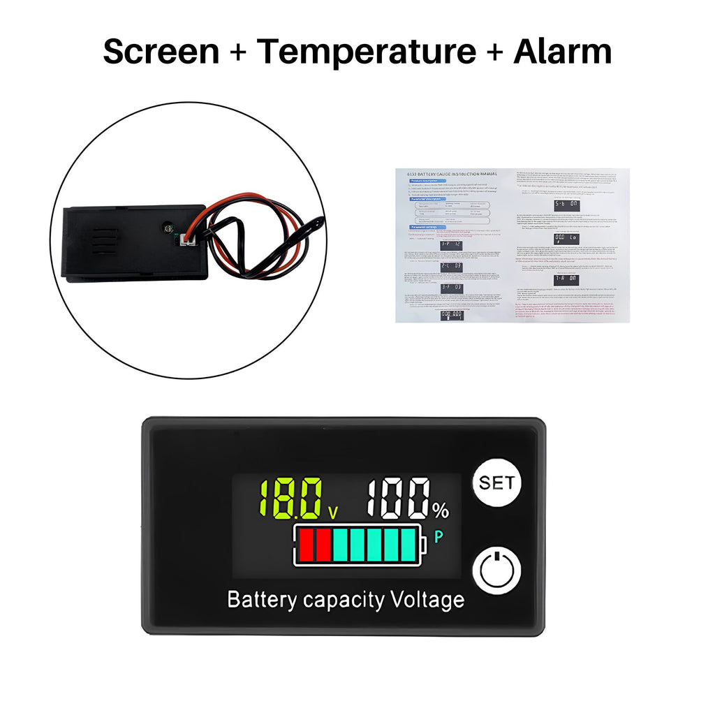 A battery monitoring controller shown on a white background, with text reading 'Screen + Temperature + Alarm' above it. The main product is a rectangular black digital display unit labeled 'Battery capacity Voltage' with a screen showing 18.