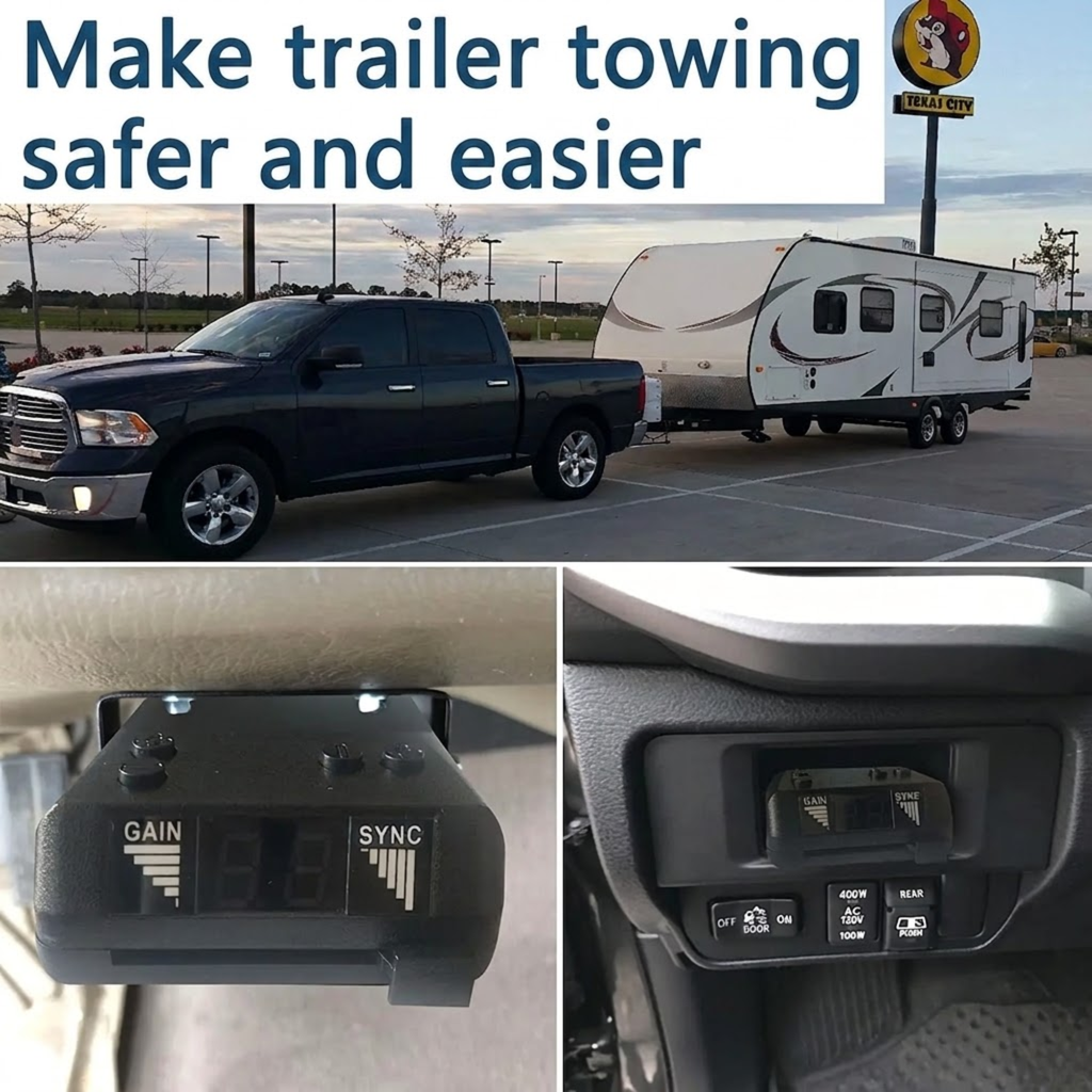 Digital Trailer Brake Controller mounted under a vehicle dashboard and glovebox, shown towing a caravan safely with a pickup truck