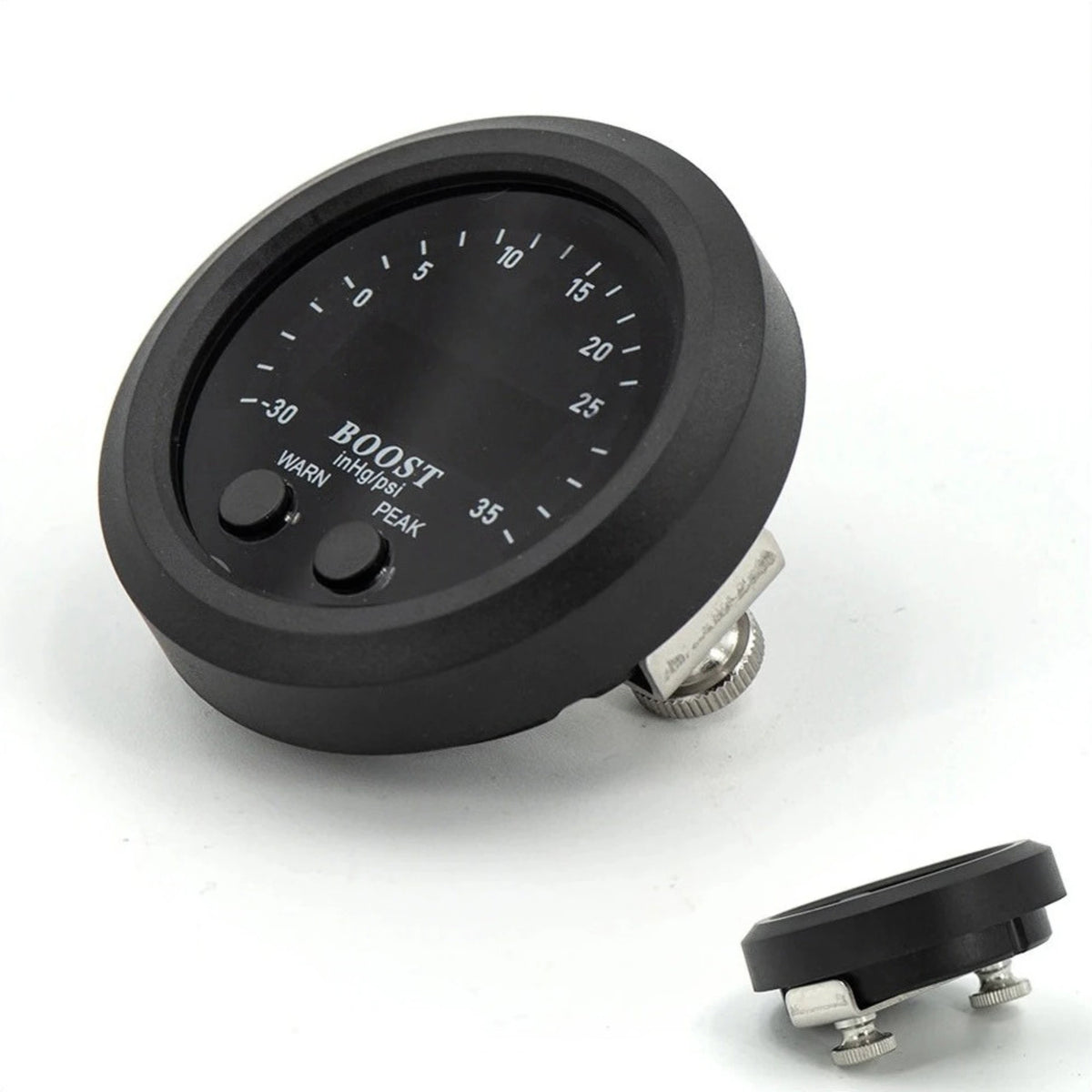Digital Turbo Boost Gauge in 52mm black housing with WARN and PEAK buttons, -30 inHg to 35 psi scale and stainless steel mounting bracket