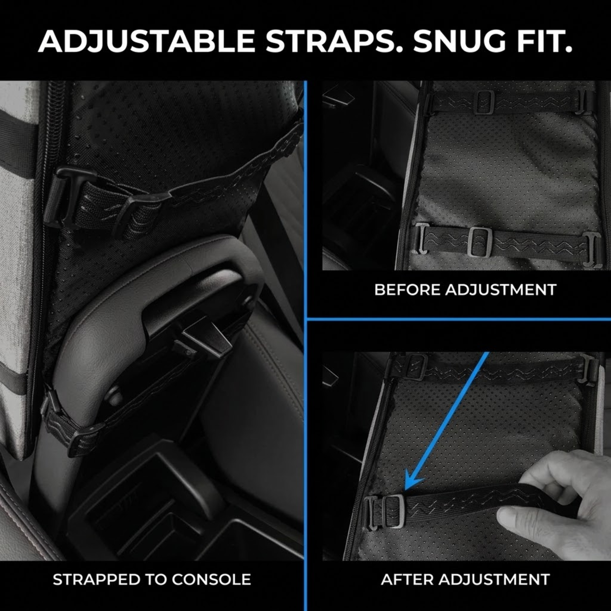 A four-panel product demonstration showing a black car seat belt organizer strap system installed over a car console. The top text reads 'ADJUSTABLE STRAPS.