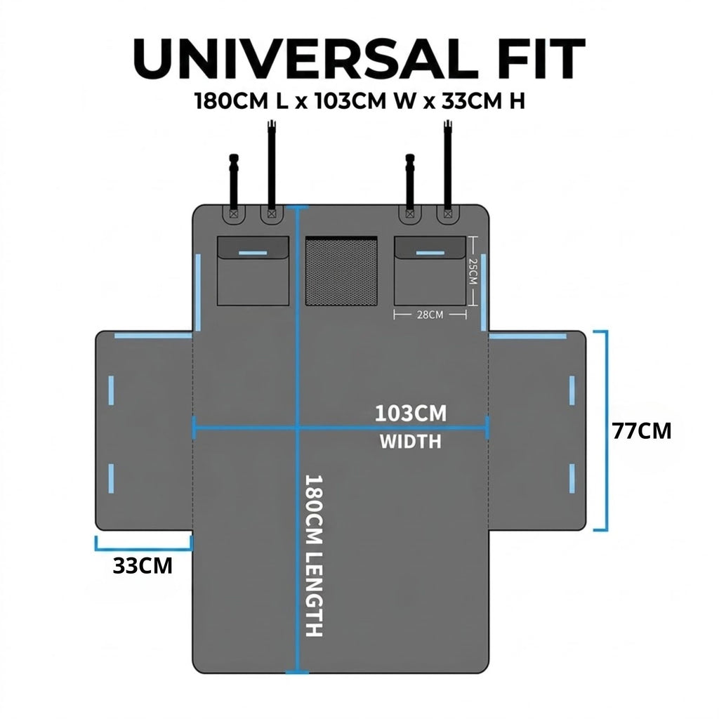 Universal fit size diagram showing a flat rectangular item with dimensions labeled 180cm length, 103cm width, and 33cm depth, plus a height of 77cm, on a white background.