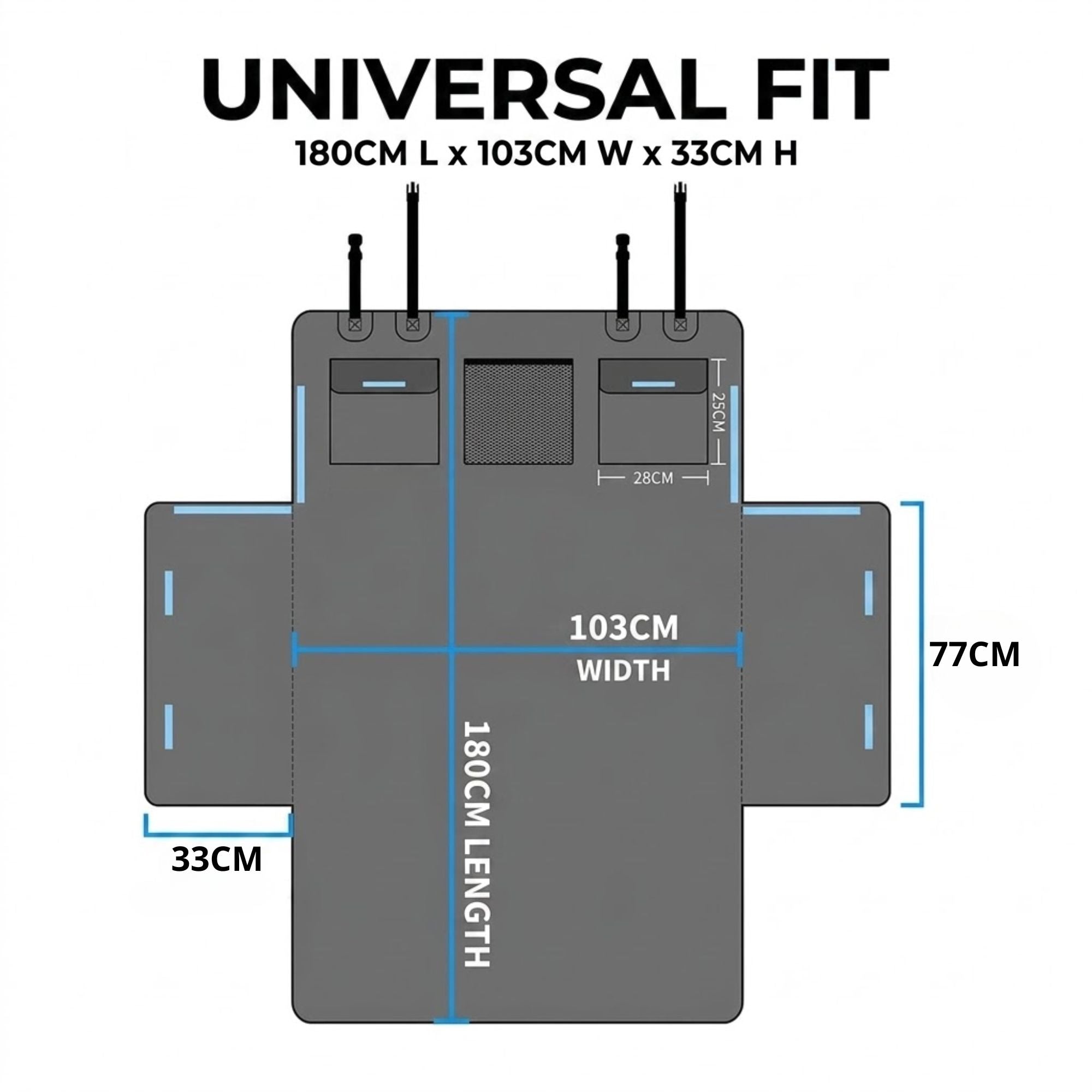 Universal fit size diagram showing a flat rectangular item with dimensions labeled 180cm length, 103cm width, and 33cm depth, plus a height of 77cm, on a white background.