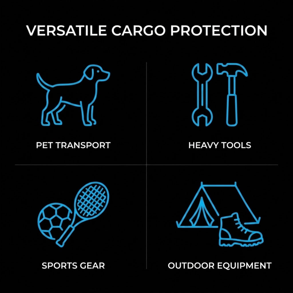 A black graphic with the headline 'VERSATILE CARGO PROTECTION' and four blue outline icons and labels: a dog for 'PET TRANSPORT,' wrenches and hammer for 'HEAVY TOOLS,' a tennis racket and soccer ball for 'SPORTS GEAR,' and a tent with a boot for 'OUTDOOR EQUIPMENT.'.