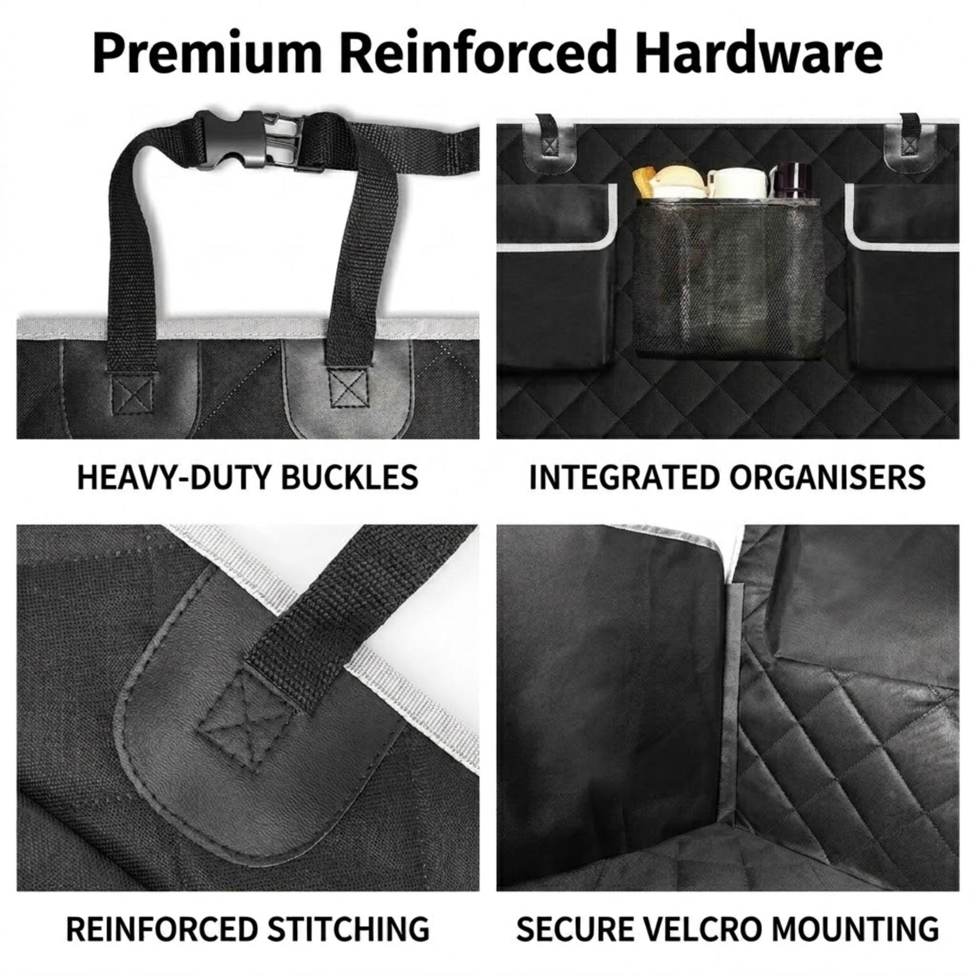A four-panel feature graphic for a black hook-and-loop wall organizer bag. The panels show close-ups of heavy-duty buckles, integrated organizers holding small items, reinforced stitching, and secure velcro mounting, with text labels underneath and the headline 'Premium Reinforced Hardware' at the top.