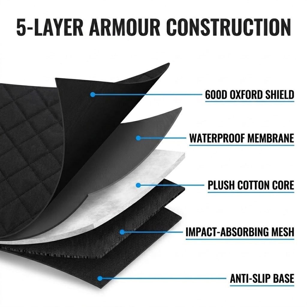 An infographic showing a layered black protective mat with callouts labeling its five layers: 5-Layer Armour Construction, Good Oxford Shield, Waterproof Membrane, Plush Cotton Core, Impact-Absorbing Mesh, and Anti-Slip Base.