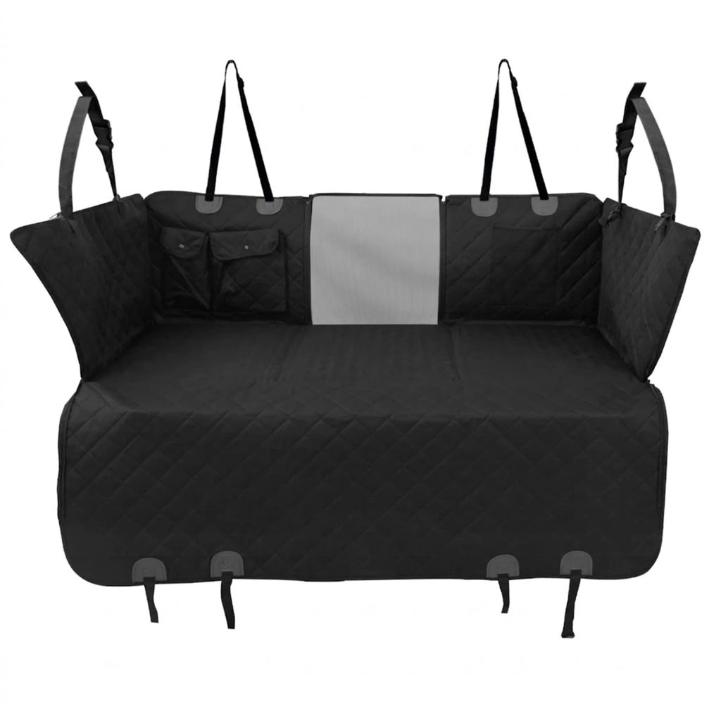 Tri-Board Dog Seat Extender in black quilted fabric with central mesh window, side flaps and adjustable headrest straps on a white background