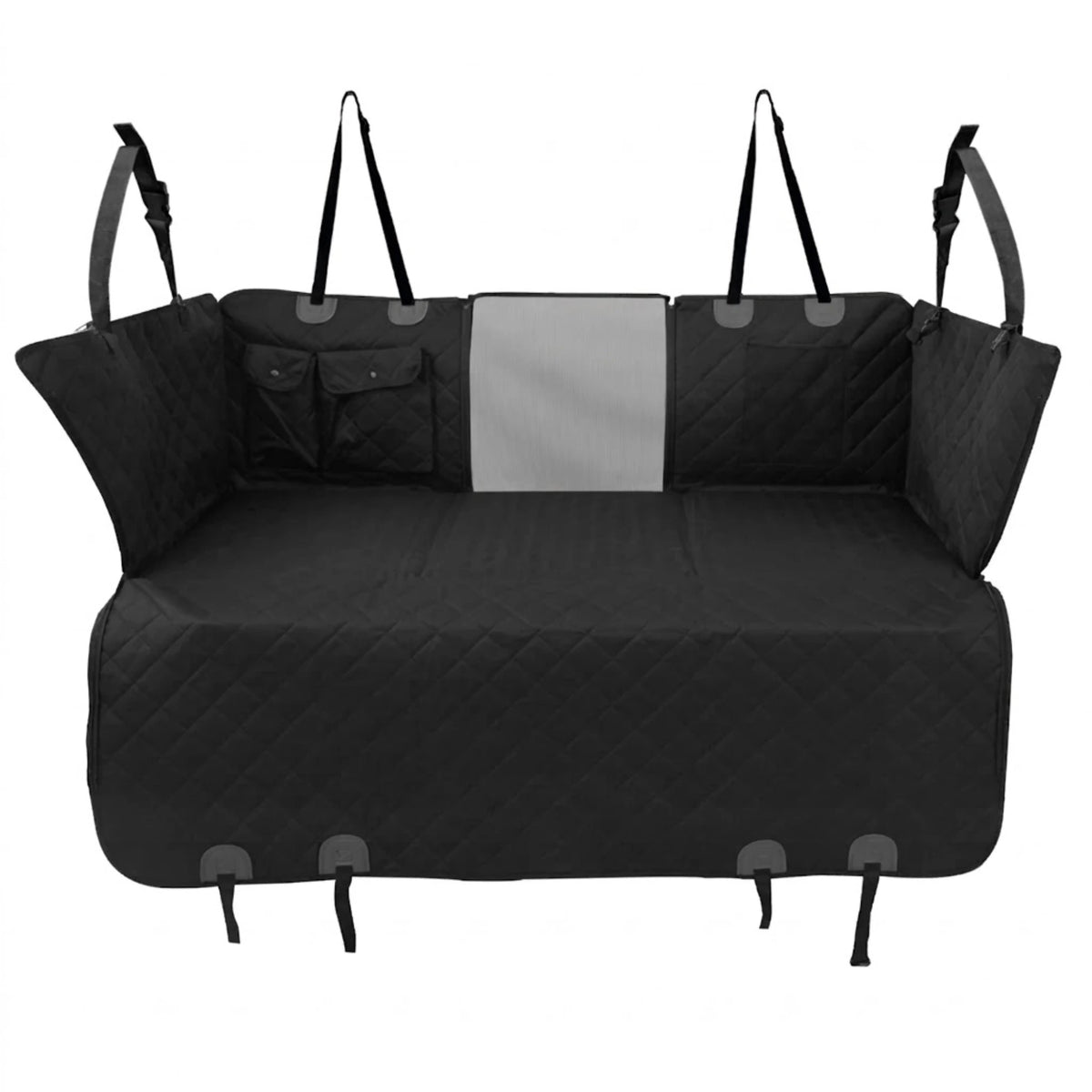 Tri-Board Dog Seat Extender in black quilted fabric with central mesh window, side flaps and adjustable headrest straps on a white background