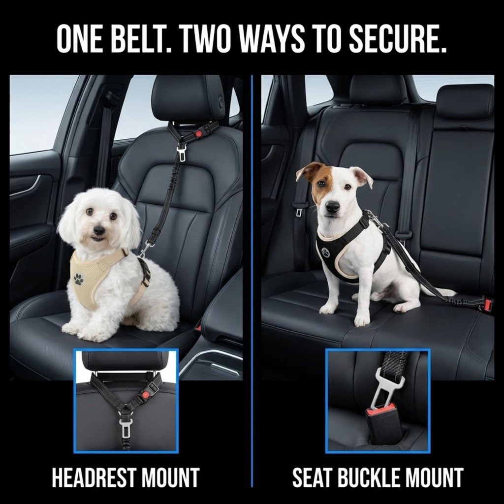 A dog car seat belt buckle mount system shown in two ways: headrest mount on the left and seat buckle mount on the right. Two dogs are shown sitting in black car seats, each wearing a harness connected to a black car seat belt.